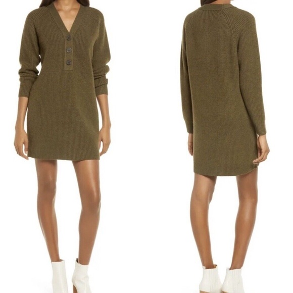 Madewell Henley Sweater Mini Dress Merino Wool Knit Pullover Olive Green Sz S - Picture 1 of 9